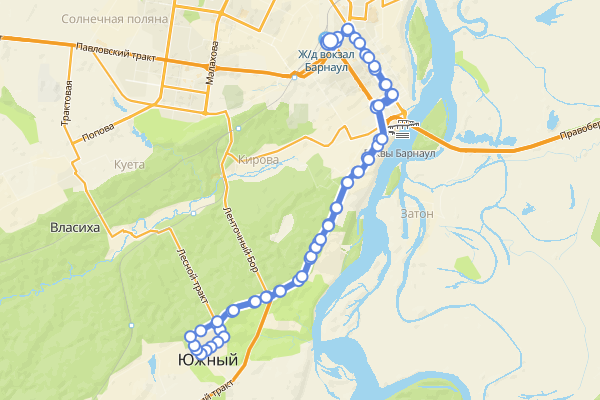 Маршрут общественного автобуса №55 на карте Барнаула