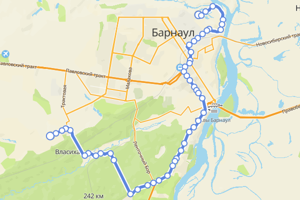 Маршрут №2 городской маршрутки Барнаула на карте