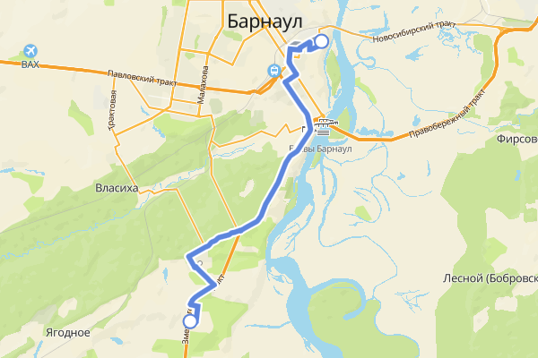 Маршрут №33 городского маршрутного такси Барнаула на карте